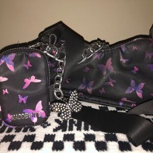 Madden NYC Black Butterfly Print Crossbody Bag Pink Purple